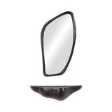 Bronze floating shelf with abstract mirror design.