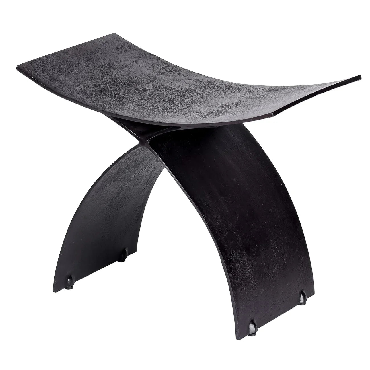 Black iron stool with curved seat and crossed legs.