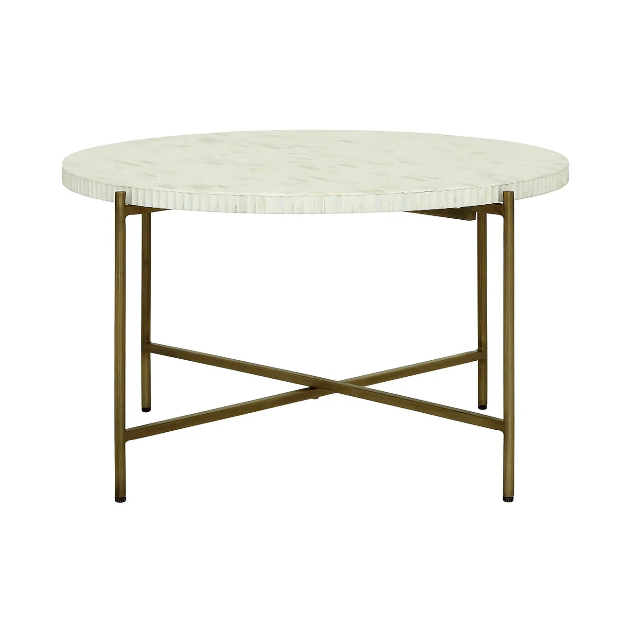 Round bone inlay table with brass legs and intricate surface pattern.