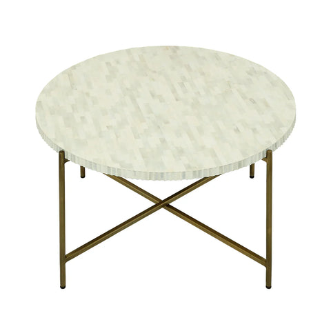 Round coffee table with bone inlay top and brass legs.