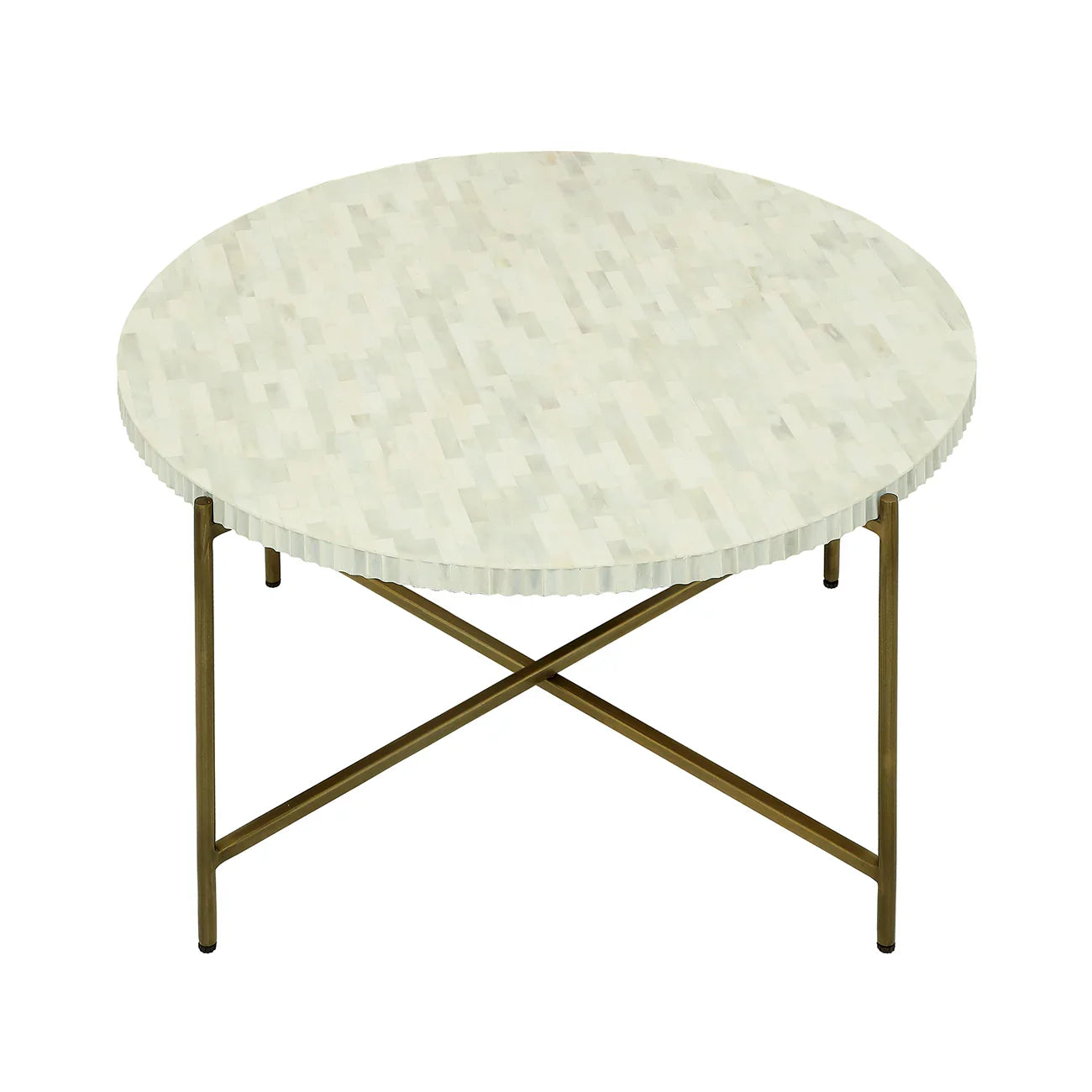 Round coffee table with bone inlay top and brass legs.