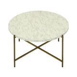 Round coffee table with bone inlay top and brass legs.