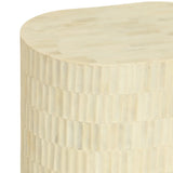 Cream side table with intricate bone inlay pattern.