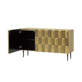 Brass sideboard with open door showing interior shelves and textured geometric front.