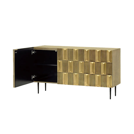 Brass sideboard with open door showing interior shelves and textured geometric front.