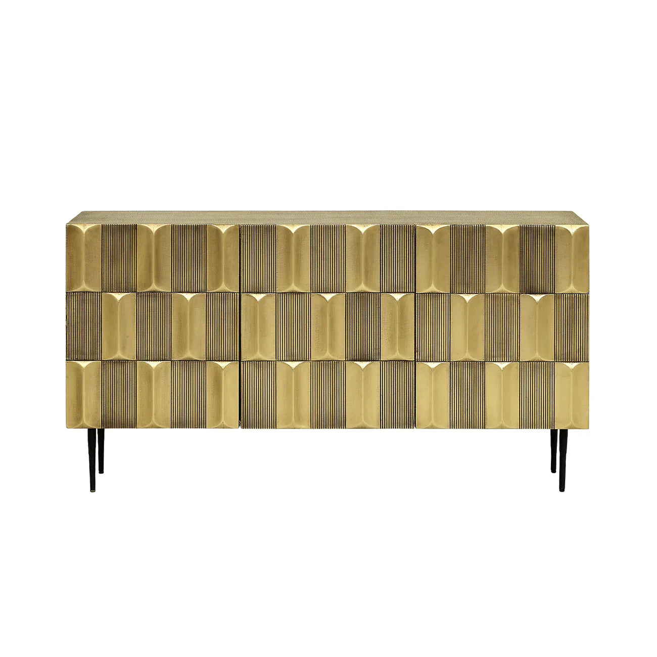 Brass sideboard with geometric pattern and black legs.