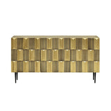 Brass sideboard with geometric pattern and black legs.