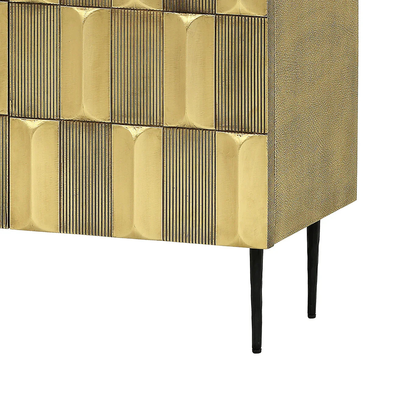 Brass sideboard with textured geometric pattern and black legs.