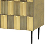 Brass sideboard with textured geometric pattern and black legs.