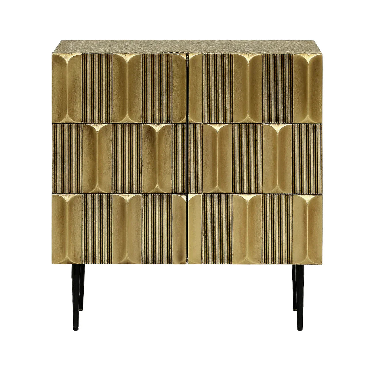Gold textured cabinet with geometric pattern and black legs.
