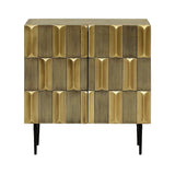 Gold textured cabinet with geometric pattern and black legs.