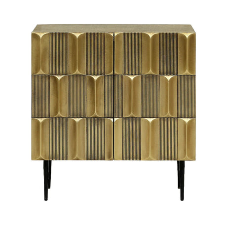 Gold textured cabinet with geometric pattern and black legs.