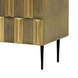 Brass cabinet corner with textured doors and sleek black legs.