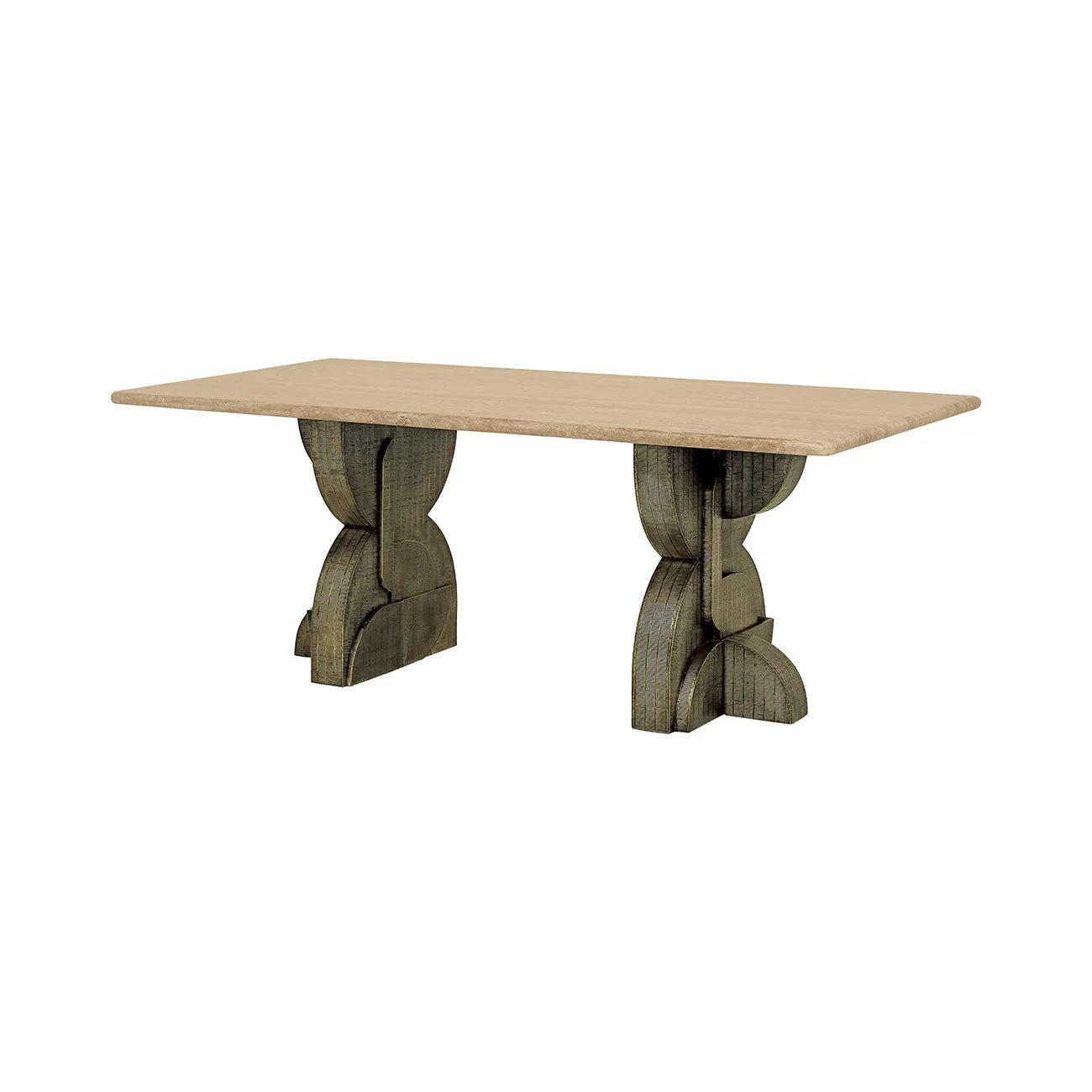 Beige travertine tabletop with ornate dark wood pedestal base.