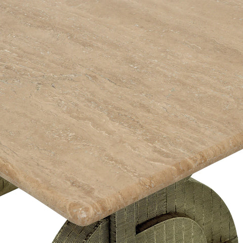 Beige travertine table surface with textured stone detail.
