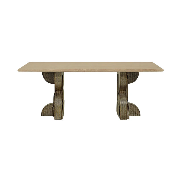 Beige travertine dining table with ornate pedestal legs | Home Centre Direct UK