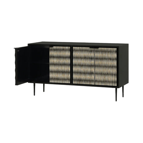 Black sideboard with open door and intricate bone inlay pattern.