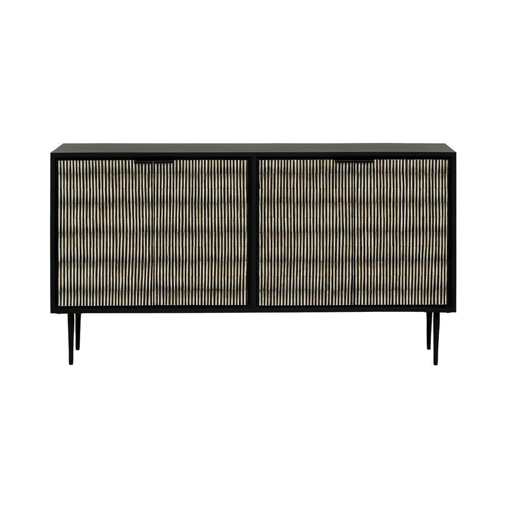 Black sideboard with striped bone inlay doors and slender legs.