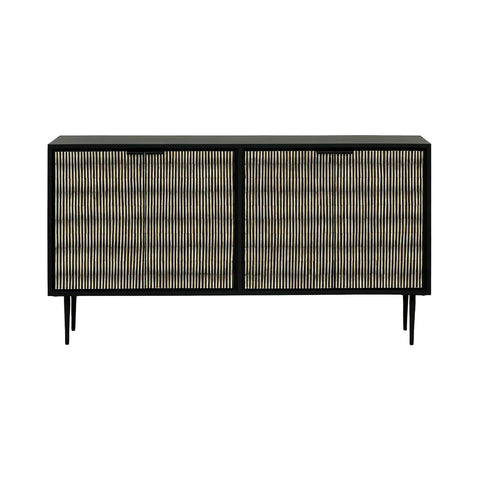 Black sideboard with striped bone inlay doors and slender legs.