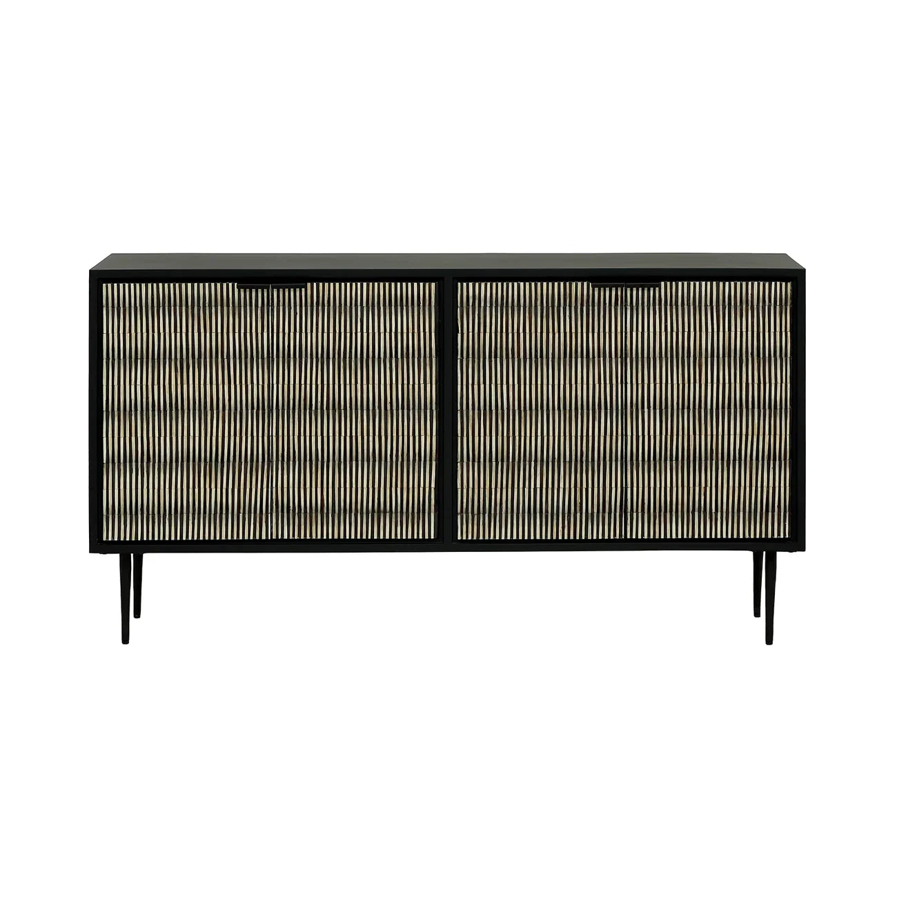 Black sideboard with striped bone inlay doors and slender legs.