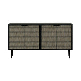 Black sideboard with striped bone inlay doors and slender legs.