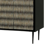 Black sideboard with intricate bone inlay pattern and sleek metal legs.
