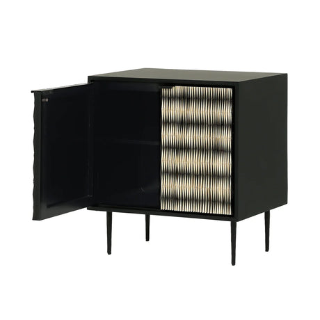 Black cabinet with open door revealing interior shelves.