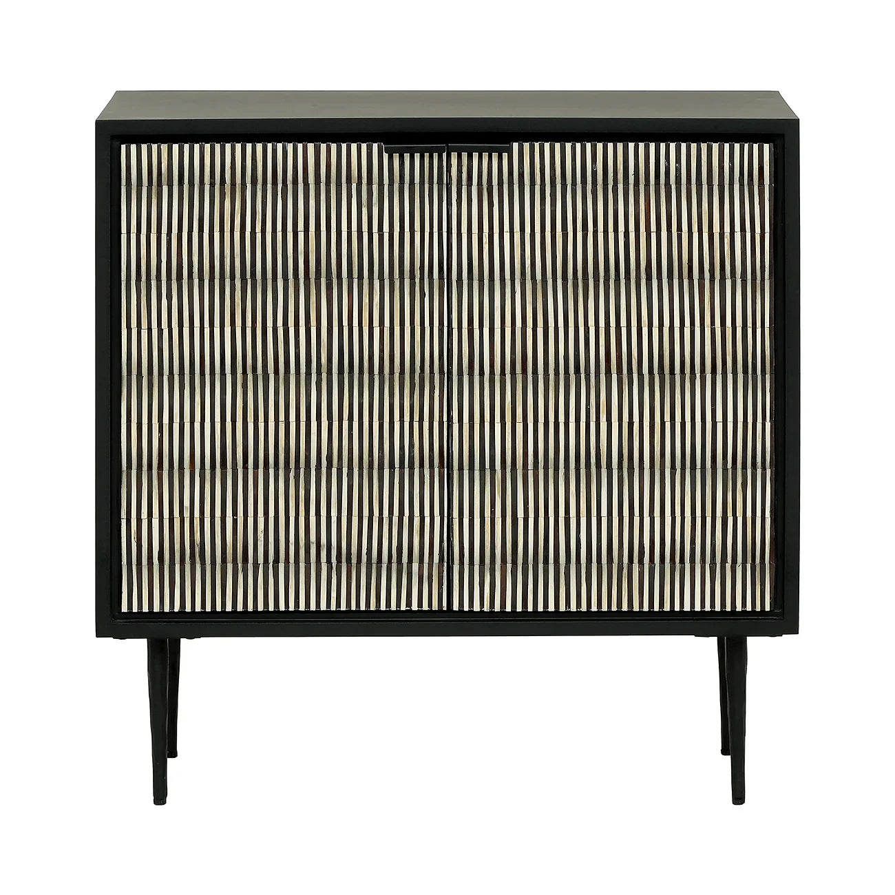 Black and white striped cabinet with slender legs and intricate door pattern.