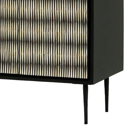 Black cabinet with intricate bone inlay pattern on doors, slender legs.
