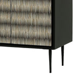 Black cabinet with intricate bone inlay pattern on doors, slender legs.