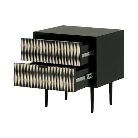 Black bedside table with bone inlay drawers partially open.