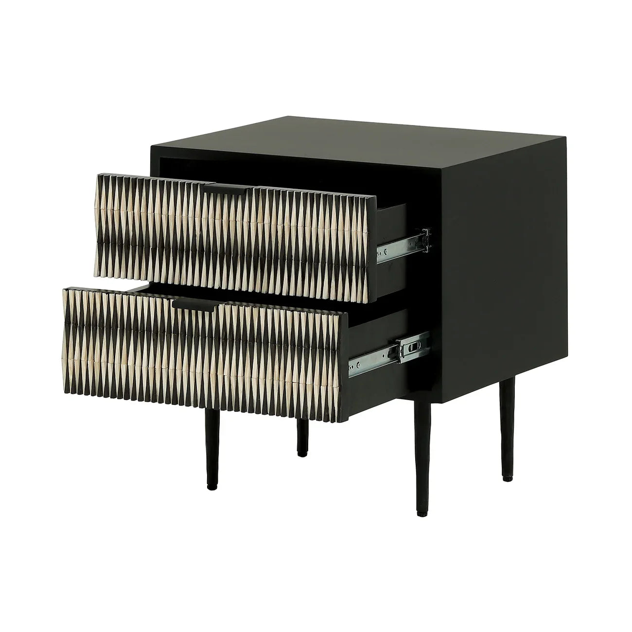 Black bedside table with bone inlay drawers partially open.