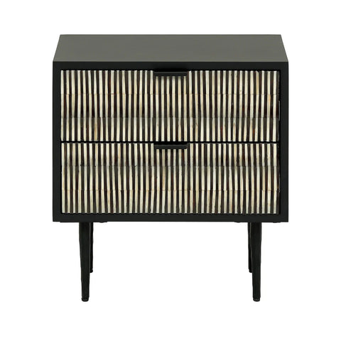 Black bedside table with striped bone inlay drawers.