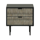 Black bedside table with striped bone inlay drawers.
