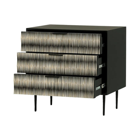 Black and white chest with intricate patterned drawers and sleek black legs.