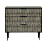 Black and white striped chest with three drawers and slender legs.