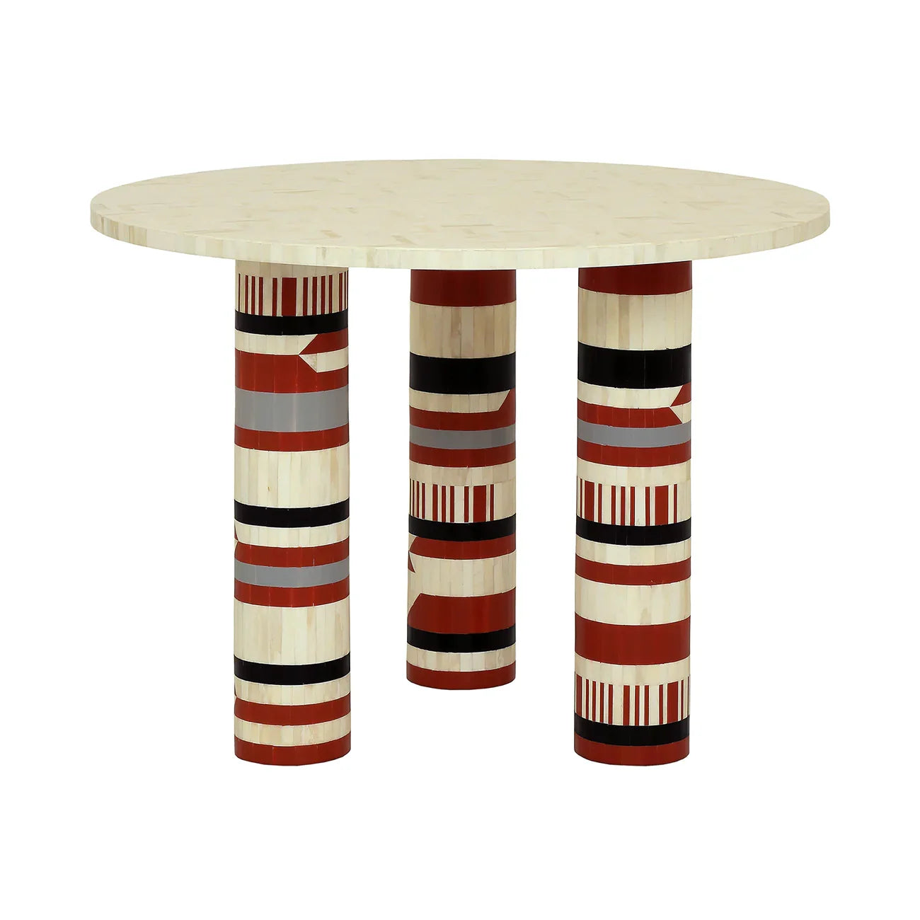 Round dining table with intricate bone inlay and colorful geometric patterns on legs.