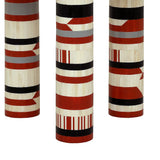Red and black striped table legs with intricate bone inlay pattern.