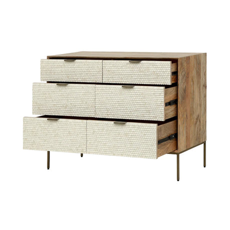 White bone inlay drawers with wood sides, partially open on metal legs.