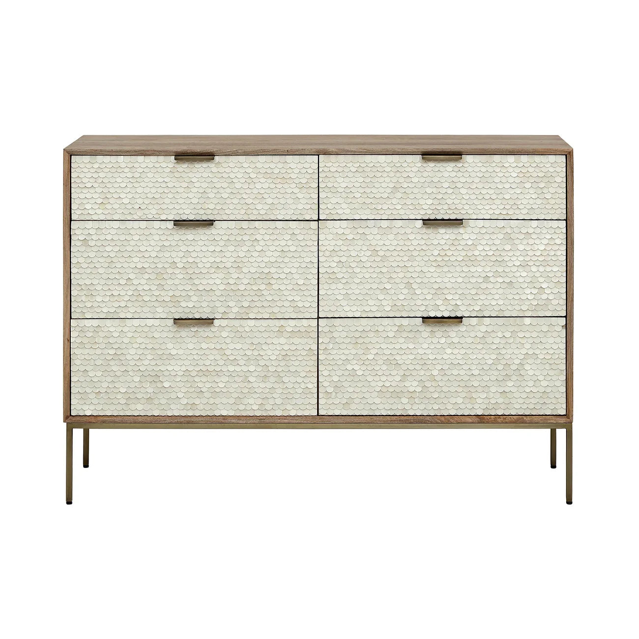 Cream chest with intricate bone inlay pattern and sleek metal legs.