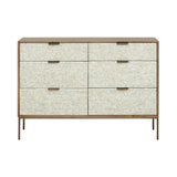 Cream chest with intricate bone inlay pattern and sleek metal legs.