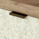 Ivory scalloped drawer front with brass handle and wooden top detail.