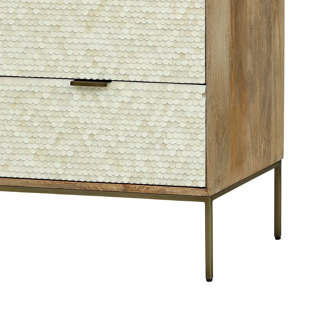 Cream inlay drawer detail with scalloped texture and wooden side panel.