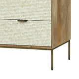 Cream inlay drawer detail with scalloped texture and wooden side panel.