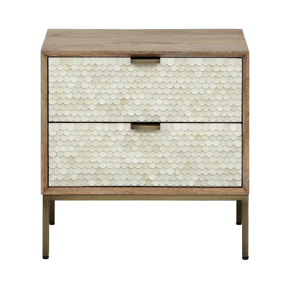 Two-drawer table with intricate bone inlay pattern and wooden frame.