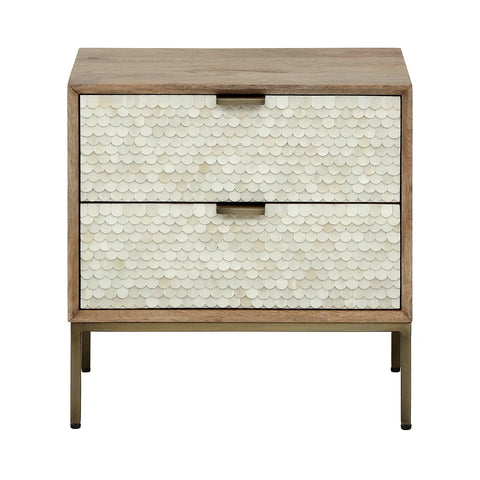 Two-drawer table with intricate bone inlay pattern and wooden frame.