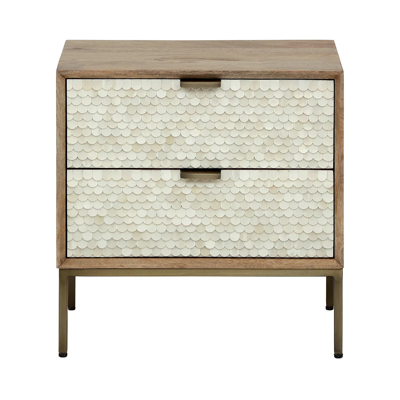Two-drawer table with intricate bone inlay pattern and wooden frame.