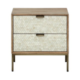 Two-drawer table with intricate bone inlay pattern and wooden frame.