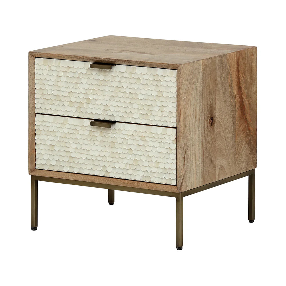 Natural wood bedside table with white scalloped inlay drawers | Home Centre Direct UK