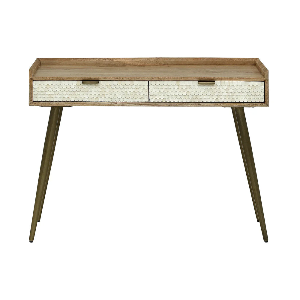 Wooden desk with bone inlay drawers and angled legs.